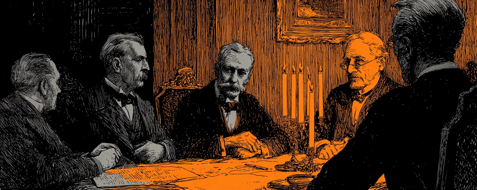 Engraved illustration of bankers in suits meeting around a candlelit table, with the scene highlighted in orange.
