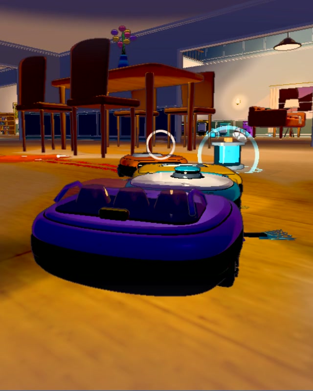 A purple robot vacuum leads a pack of racers across a dining-room floor at night.