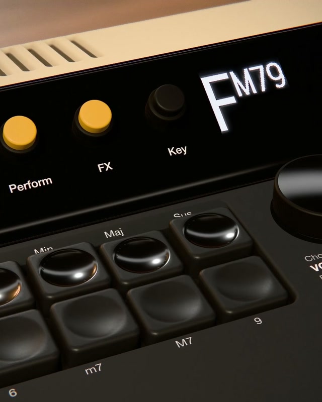 Close-up of Orkid's chord buttons, with the display reading FM79.