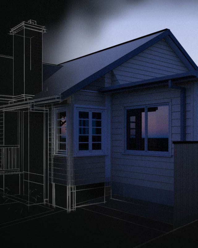 A pencil sketch of a weatherboard cottage, half developed into the finished house in evening light.